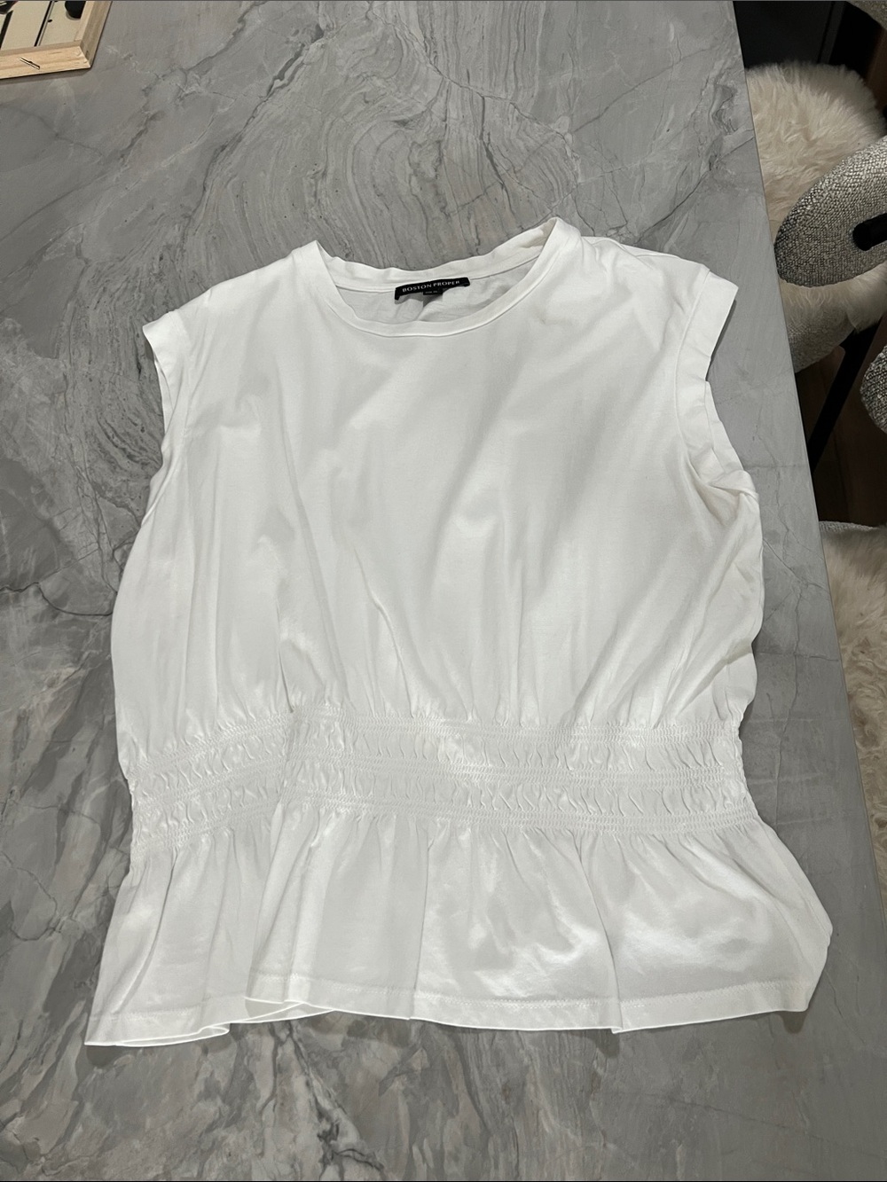 Boston Proper White Sleeveless Smocked-Waist Peplum Top